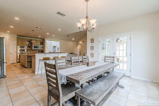 dining space with an inviting chandelier, recessed lighting, baseboards, light tile patterned floors, and visible vents
