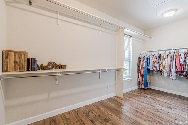 walk in closet featuring attic access and wood finished floors
