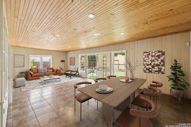 dining room with wooden walls, wood ceiling, tile patterned flooring, and recessed lighting