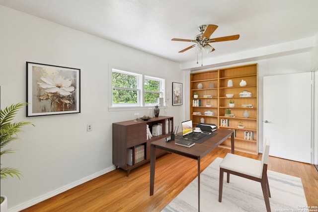 home office with ceiling fan and light wood finished floors