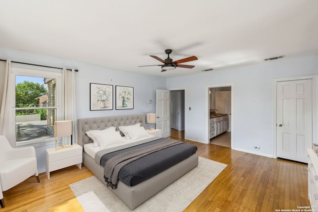 bedroom featuring visible vents, light wood-style flooring, ceiling fan, and baseboards