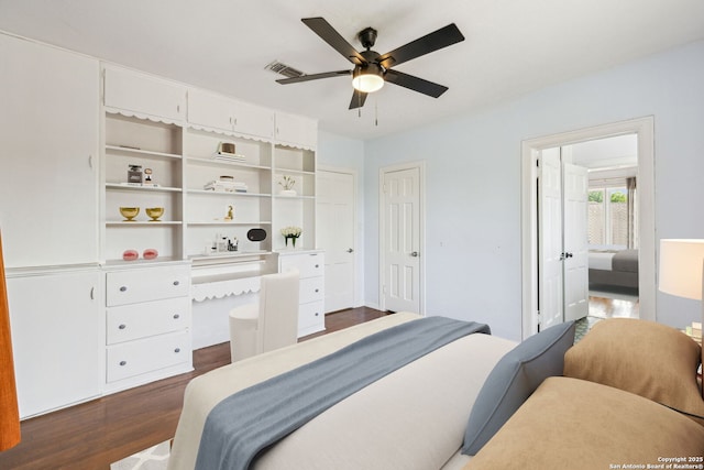 bedroom with a ceiling fan, dark wood finished floors, and visible vents