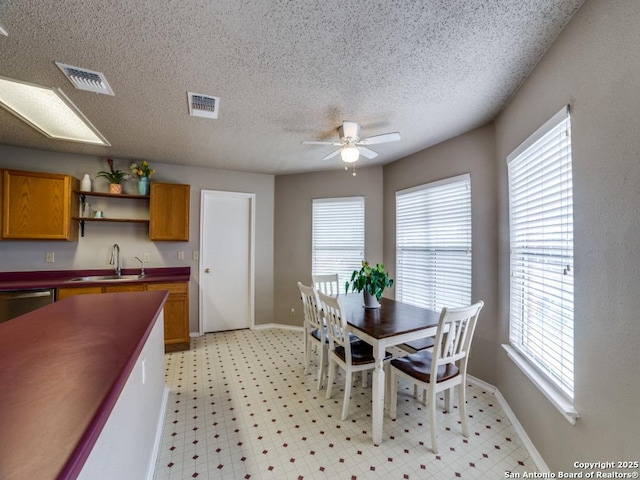 dining space with a ceiling fan, visible vents, and a healthy amount of sunlight