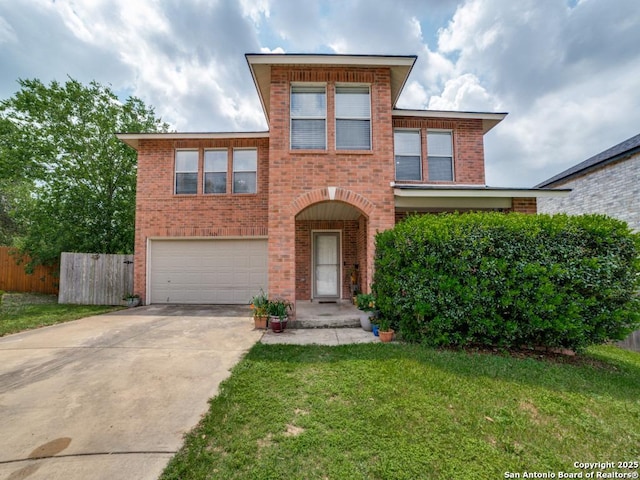 view of front of home featuring fence, brick siding, a garage, a front yard, and concrete driveway