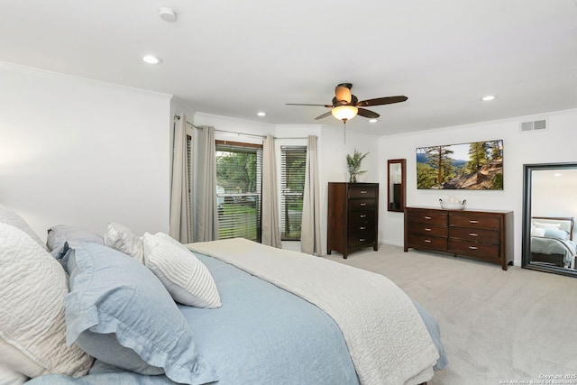 bedroom featuring crown molding, light colored carpet, recessed lighting, and visible vents