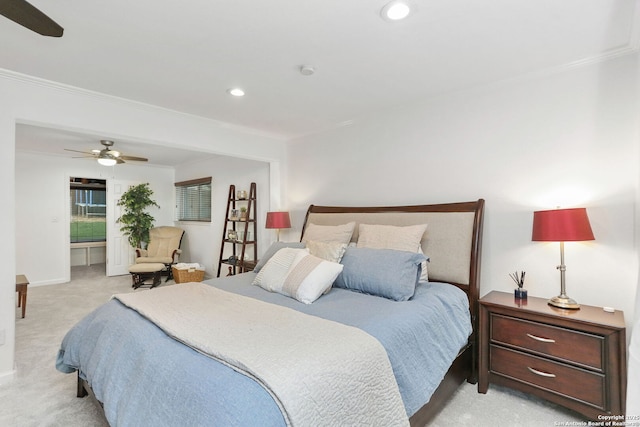 bedroom featuring light colored carpet, ornamental molding, ceiling fan, and recessed lighting