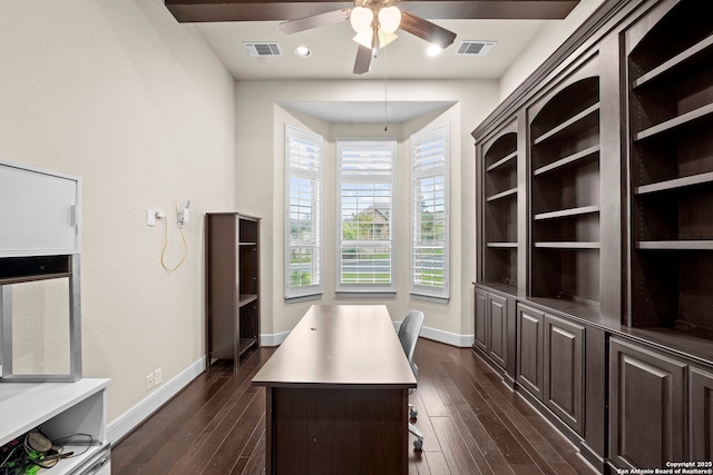 home office featuring visible vents, a ceiling fan, dark wood-style flooring, and baseboards