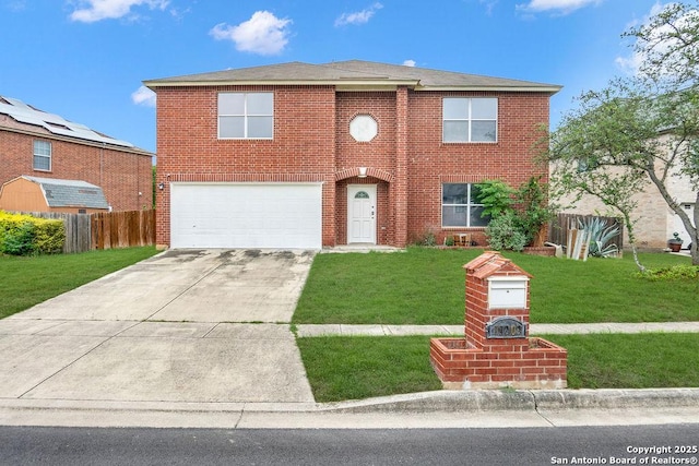 11202 Forest Pass, Live Oak, TX 78233 - traditional-style house featuring a garage, a front lawn, fence, brick siding, and concrete driveway