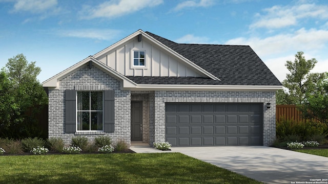 view of front of house with board and batten siding, brick siding, an attached garage, and driveway