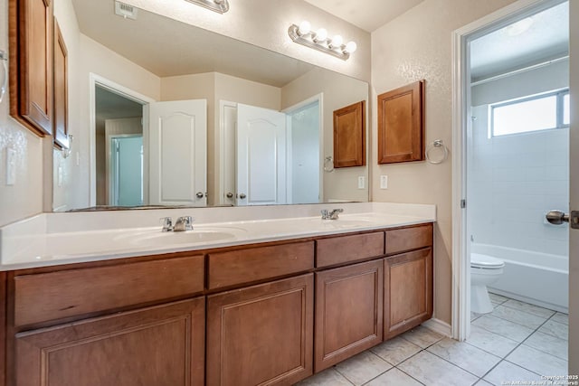 bathroom with visible vents, a sink, double vanity, and toilet