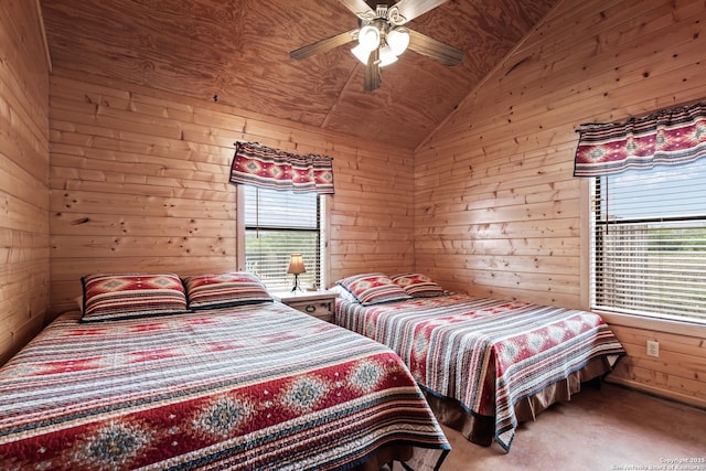 carpeted bedroom with wooden walls, a ceiling fan, and lofted ceiling
