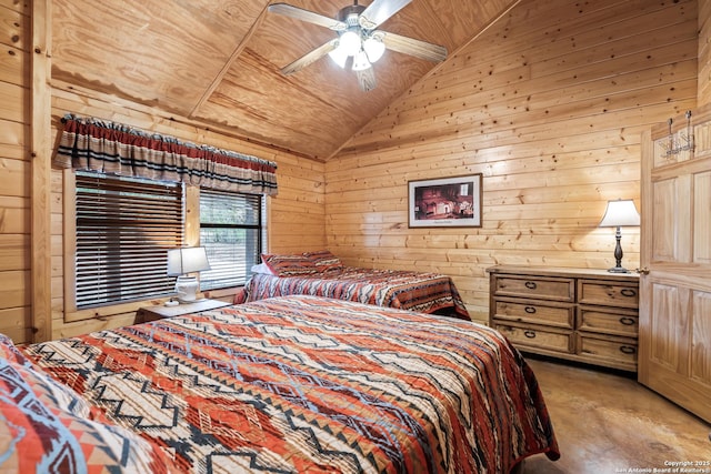 bedroom featuring concrete flooring, lofted ceiling, wooden walls, wood ceiling, and a ceiling fan