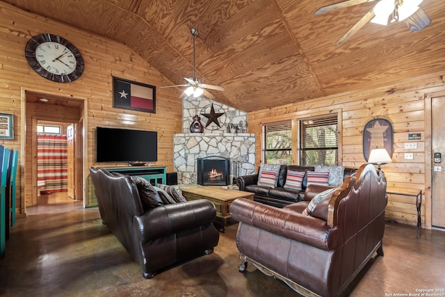 living area featuring a ceiling fan, concrete floors, lofted ceiling, and wood walls