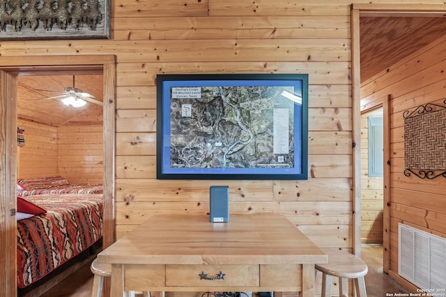 interior space with wood walls and visible vents