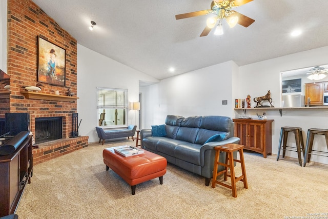 1901 Creek Mtn, San Antonio, TX 78259 - living room with a brick fireplace, ceiling fan, light carpet, and high vaulted ceiling