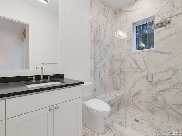 4701 Peralta Ln, Austin, TX 78735 - full bath featuring toilet, a marble finish shower, marble finish floor, and vanity