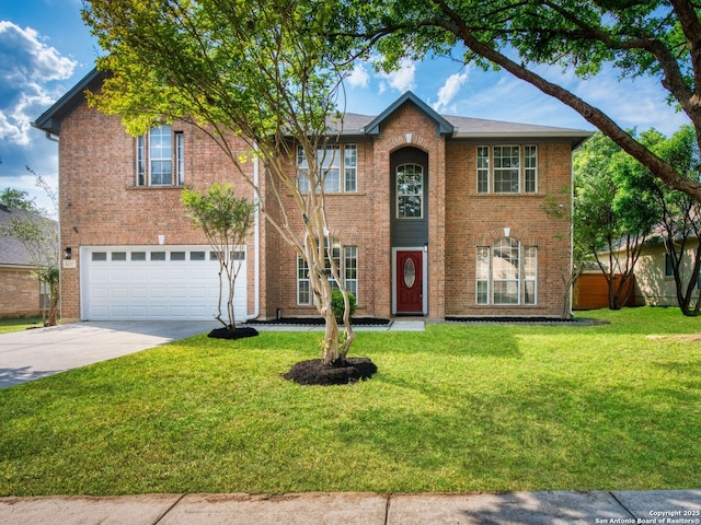 6027 Cedar Path, San Antonio, TX 78249 - view of front of property featuring an attached garage, concrete driveway, brick siding, and a front yard