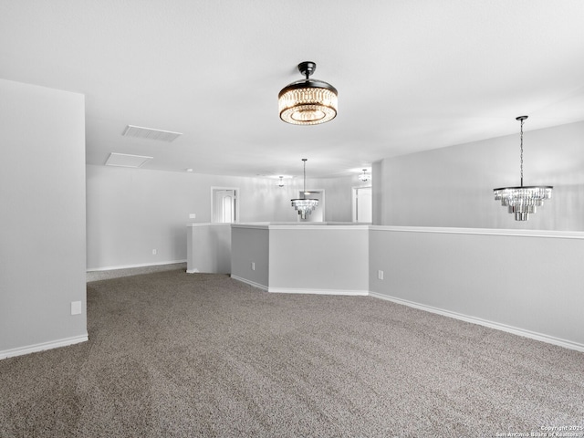 6027 Cedar Path, San Antonio, TX 78249 - unfurnished living room featuring carpet flooring, baseboards, an inviting chandelier, and visible vents