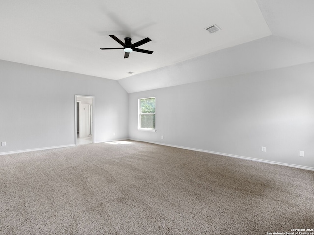 6027 Cedar Path, San Antonio, TX 78249 - empty room featuring carpet floors, a ceiling fan, baseboards, vaulted ceiling, and visible vents