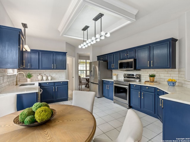 6027 Cedar Path, San Antonio, TX 78249 - kitchen with a sink, appliances with stainless steel finishes, and blue cabinetry