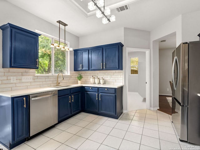 6027 Cedar Path, San Antonio, TX 78249 - kitchen with visible vents, a sink, blue cabinets, backsplash, and stainless steel appliances