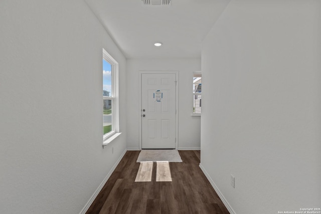 entrance foyer featuring plenty of natural light, baseboards, dark wood-style flooring, and visible vents