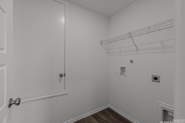clothes washing area with laundry area, hookup for a washing machine, dark wood finished floors, baseboards, and hookup for an electric dryer