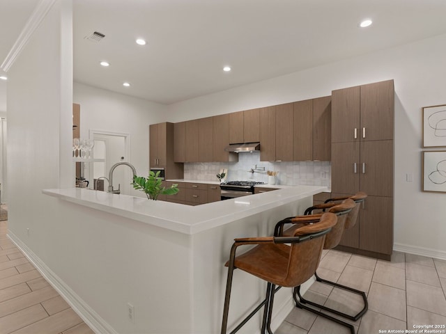 kitchen featuring a peninsula, under cabinet range hood, gas stove, and tasteful backsplash