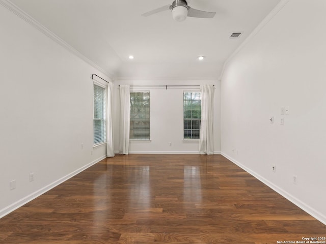 unfurnished room featuring visible vents, crown molding, baseboards, ceiling fan, and recessed lighting