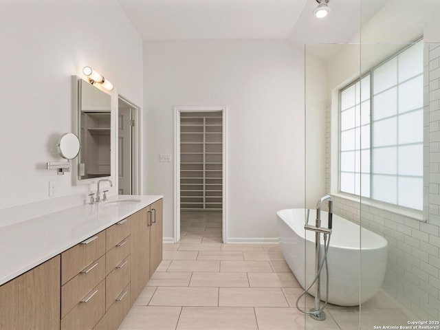 bathroom with a freestanding tub, baseboards, vanity, lofted ceiling, and a spacious closet