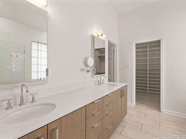 bathroom featuring double vanity, a walk in closet, and a sink