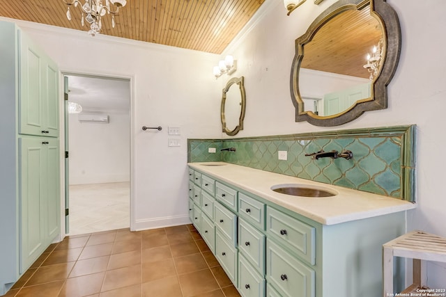 402 Thelma Dr, Olmos Park, TX 78212 - bathroom with double vanity, crown molding, tile patterned flooring, a sink, and wooden ceiling