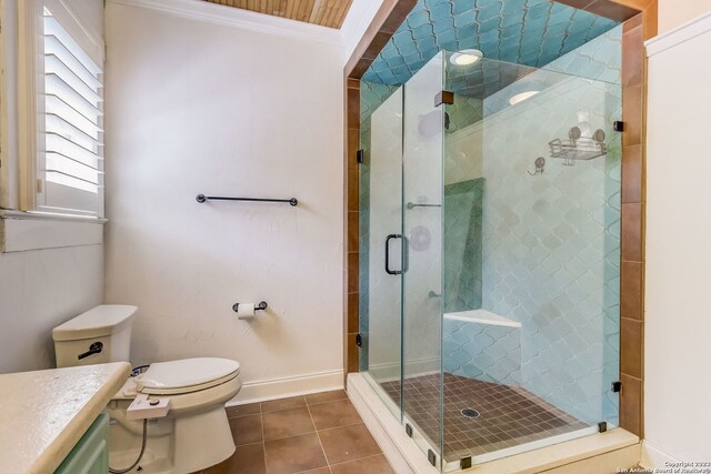 402 Thelma Dr, Olmos Park, TX 78212 - full bath with crown molding, a shower stall, tile patterned floors, vanity, and toilet