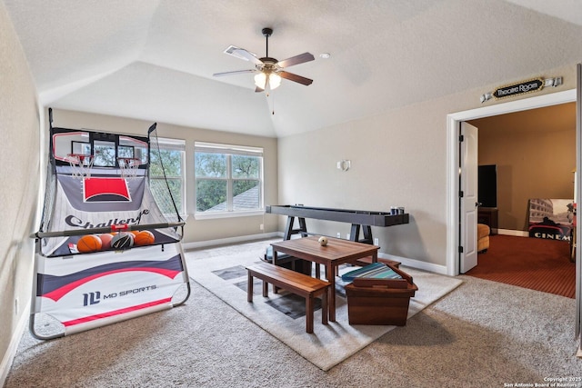 carpeted living room with baseboards, a ceiling fan, a textured ceiling, and lofted ceiling
