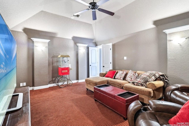 living room featuring ceiling fan, carpet, a textured wall, and lofted ceiling