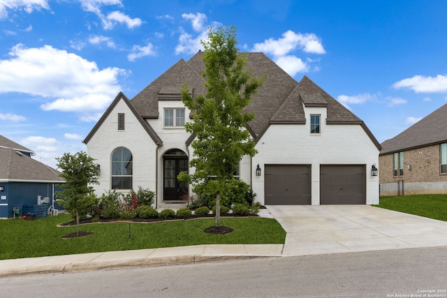 french provincial home featuring a garage, brick siding, a front lawn, concrete driveway, and a shingled roof