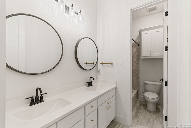 full bathroom featuring a sink, toilet, double vanity, and visible vents