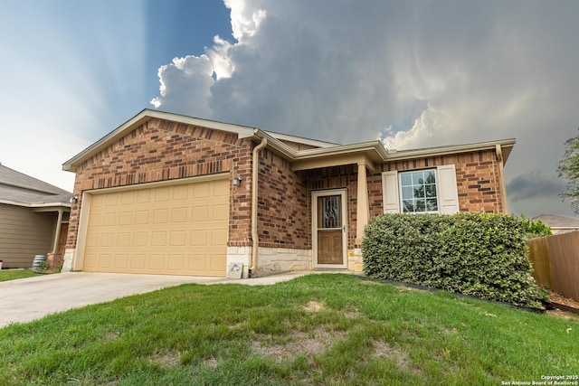 single story home with a front yard, a garage, brick siding, fence, and concrete driveway