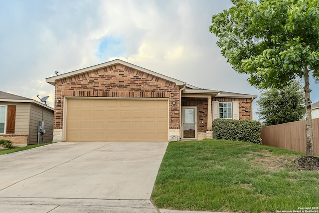 ranch-style home featuring fence, a front lawn, brick siding, a garage, and driveway