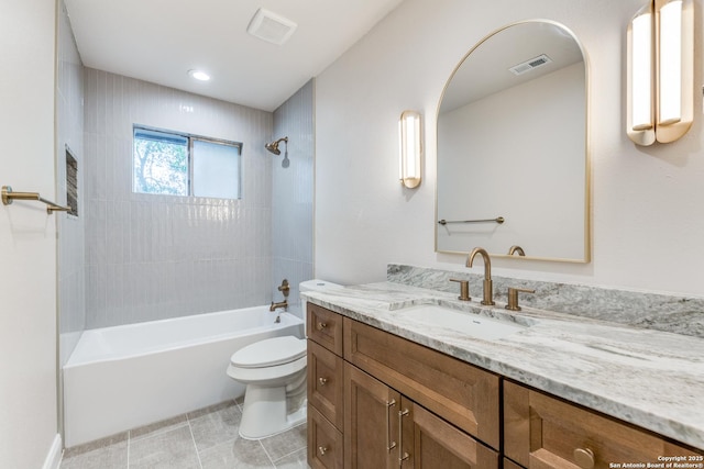 full bathroom featuring vanity, toilet,  shower combination, and visible vents