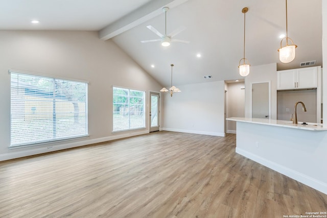 unfurnished living room with ceiling fan, light wood-type flooring, beam ceiling, a sink, and high vaulted ceiling