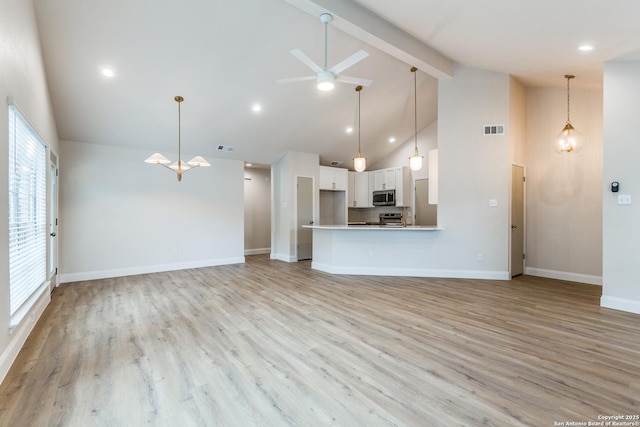 unfurnished living room featuring high vaulted ceiling, a wealth of natural light, beam ceiling, and visible vents