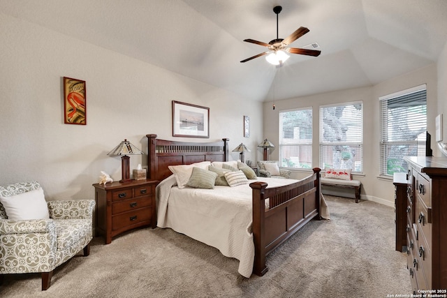 3811 Valencia Ct, San Antonio, TX 78259 - bedroom featuring light carpet, lofted ceiling, a ceiling fan, and baseboards