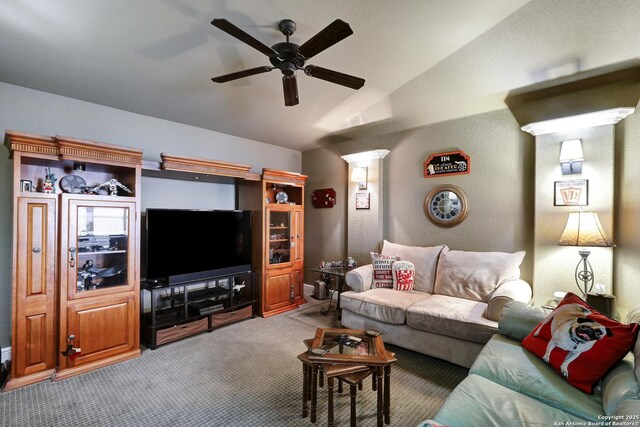 3811 Valencia Ct, San Antonio, TX 78259 - living room featuring carpet flooring, vaulted ceiling, and ceiling fan