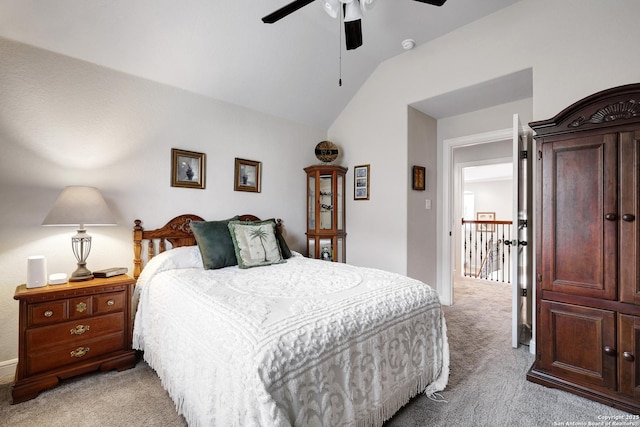 3811 Valencia Ct, San Antonio, TX 78259 - bedroom featuring light carpet, vaulted ceiling, and ceiling fan