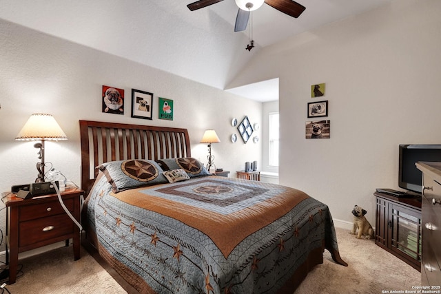 3811 Valencia Ct, San Antonio, TX 78259 - bedroom featuring carpet flooring, lofted ceiling, baseboards, and ceiling fan
