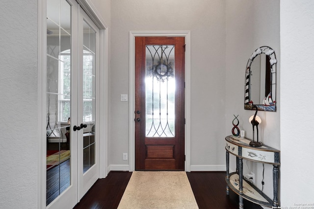 3811 Valencia Ct, San Antonio, TX 78259 - entrance foyer with french doors, dark wood-style floors, baseboards, and a textured wall
