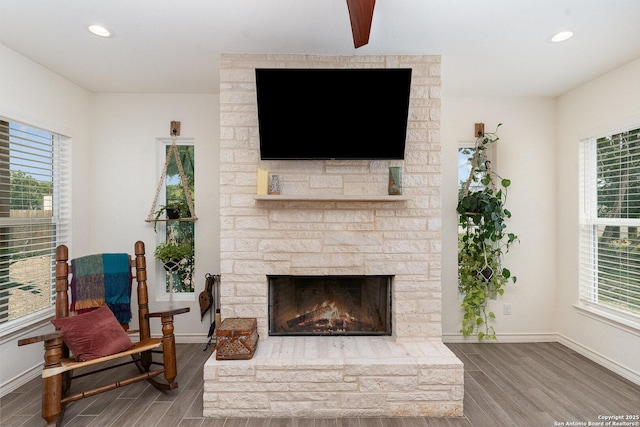 1420 Persimmon Pass, Fischer, TX 78623 - living area featuring baseboards, recessed lighting, wood finished floors, and a wealth of natural light