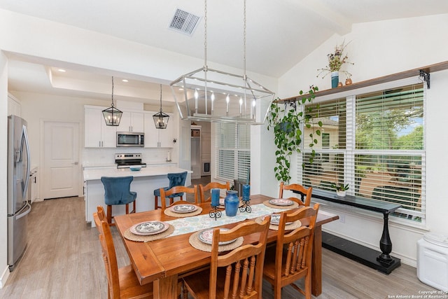 1420 Persimmon Pass, Fischer, TX 78623 - dining space featuring visible vents, lofted ceiling with beams, a notable chandelier, light wood-style floors, and recessed lighting
