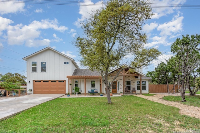 1420 Persimmon Pass, Fischer, TX 78623 - view of front of home with fence, covered porch, a front yard, concrete driveway, and an attached garage